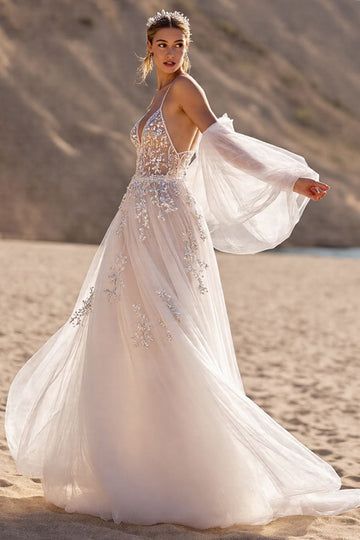 Ivory Appliqued A line Tulle Wedding Dress
